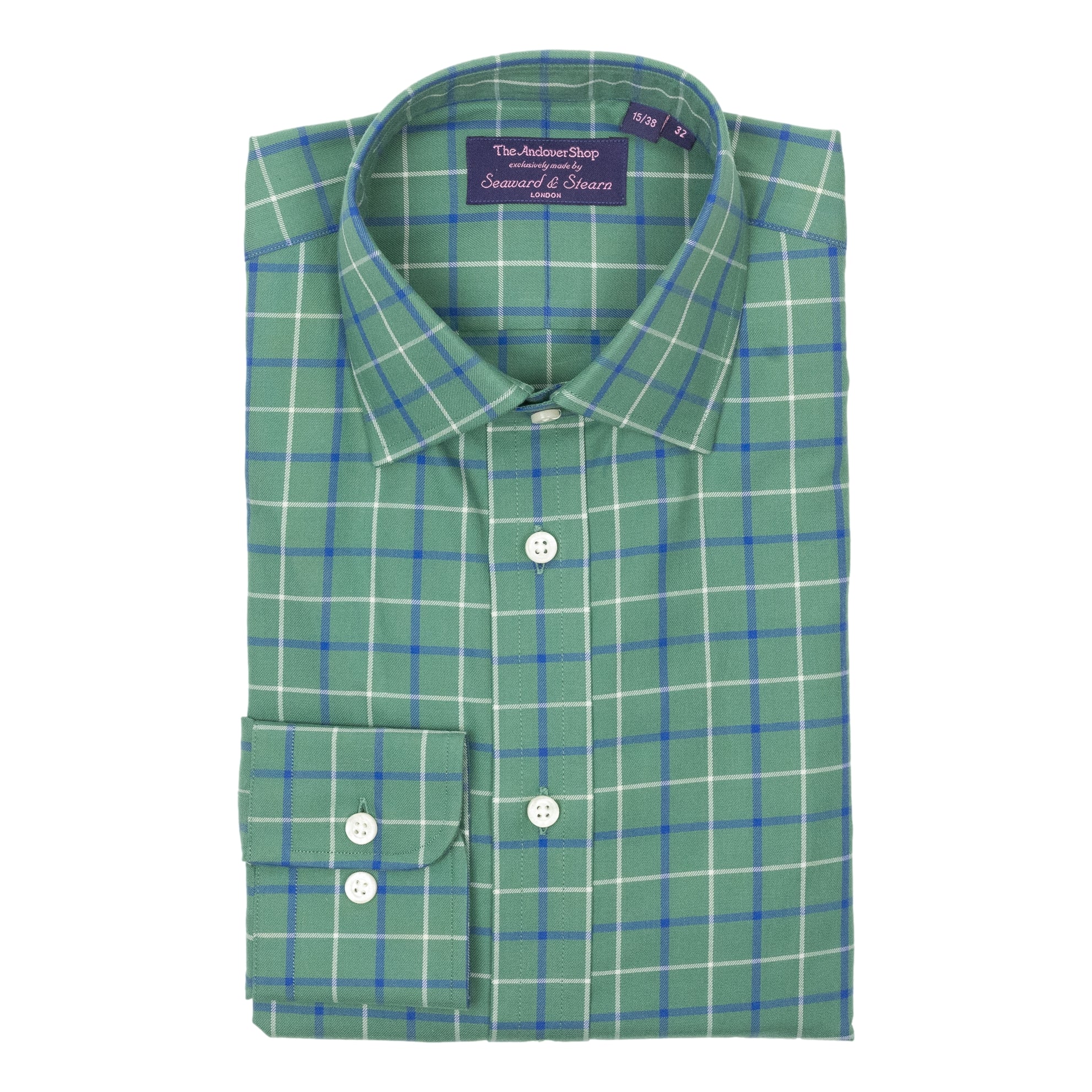 Green Ground with White and Blue Tattersall Spread Collar Dress Shirt