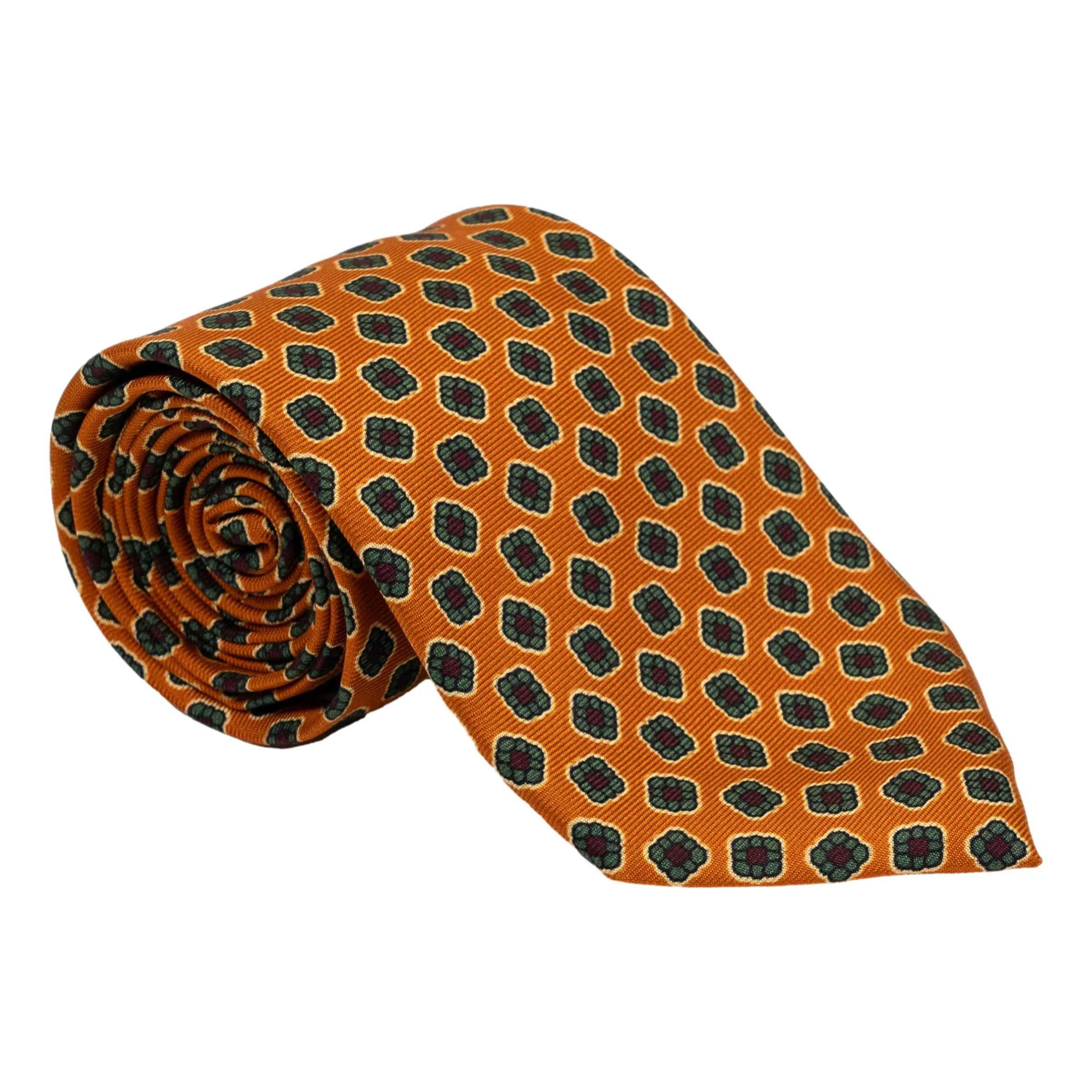 Orange with Green and Maroon Motif Silk Tie